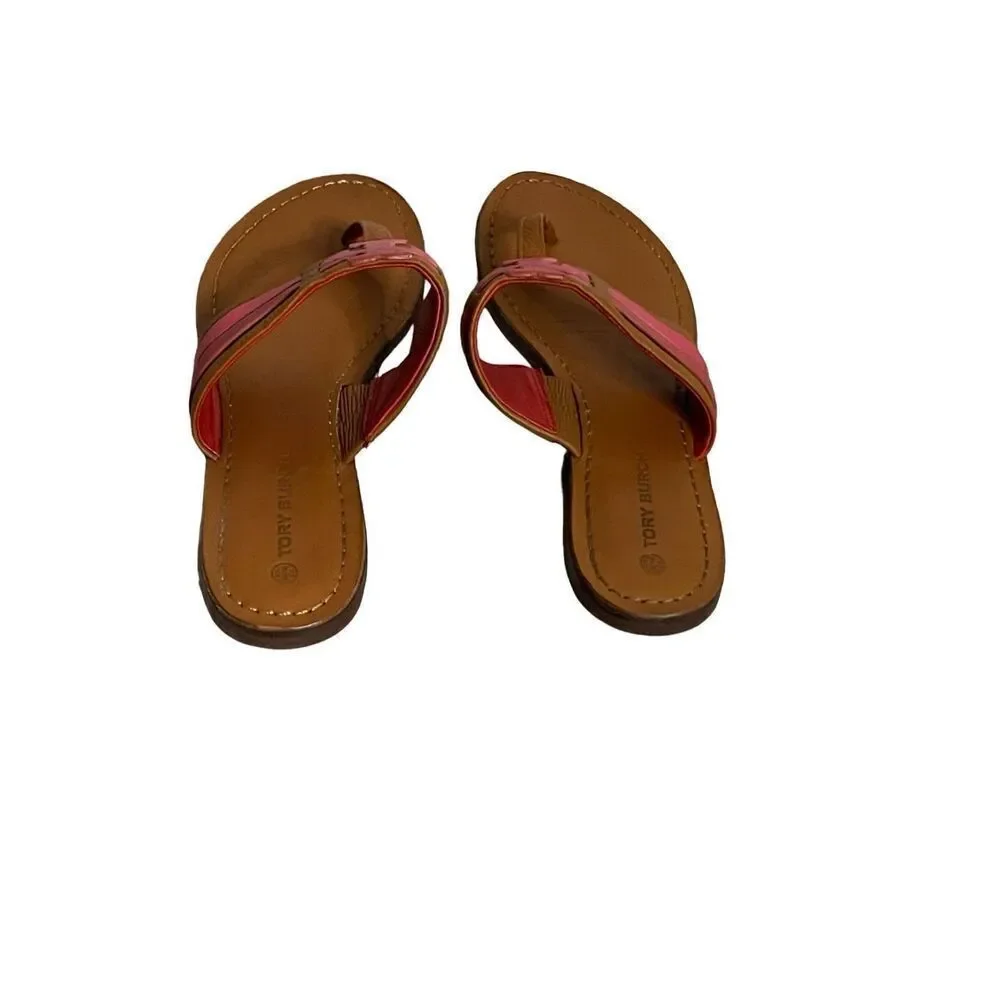 TORY BURCH LEIGH AMBRA CARNELIAN AZALEA LEATHER THONG SANDALS Women’s Size 8